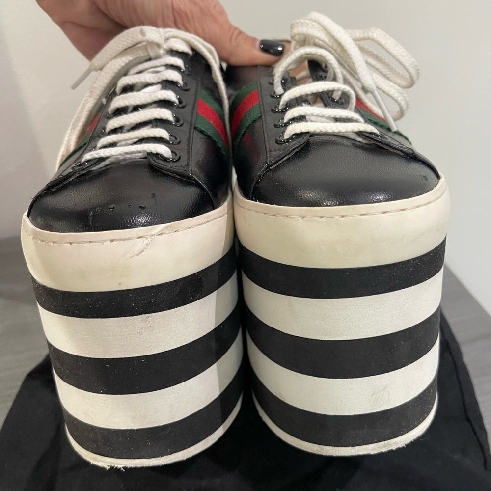 Gucci Shoes | Leather Peggy Wedge Platform Sneakers - Picture 2 of 10